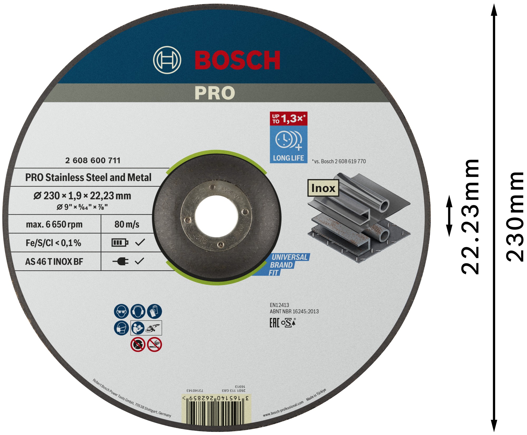 Disco de corte abrasivo PRO Stainless Steel and Metal, 230 x 1,9 x 22,23 mm, cóncavo