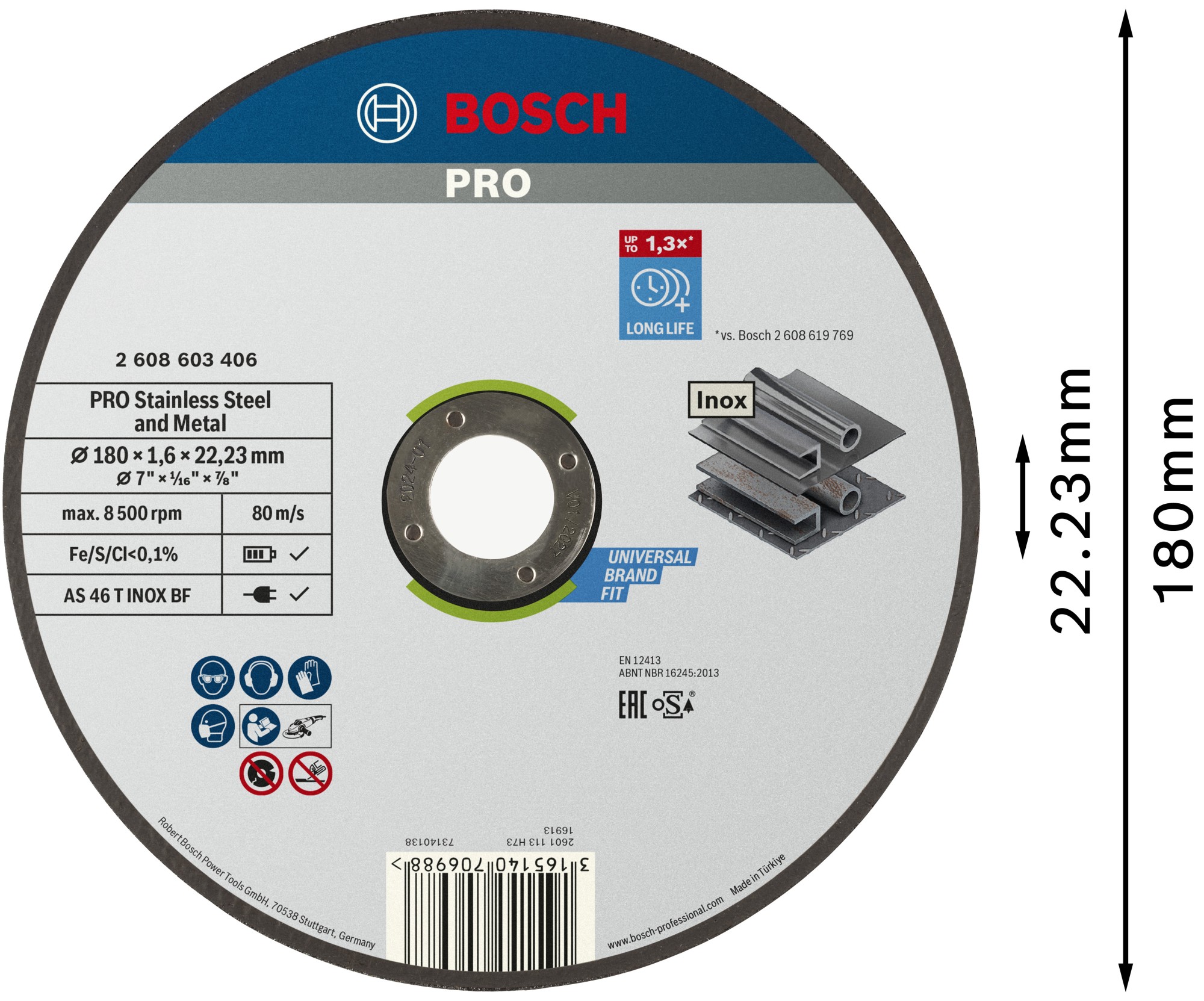 Disco de corte abrasivo PRO Stainless Steel and Metal, 180 x 1,6 x 22,23 mm, recto, oSa