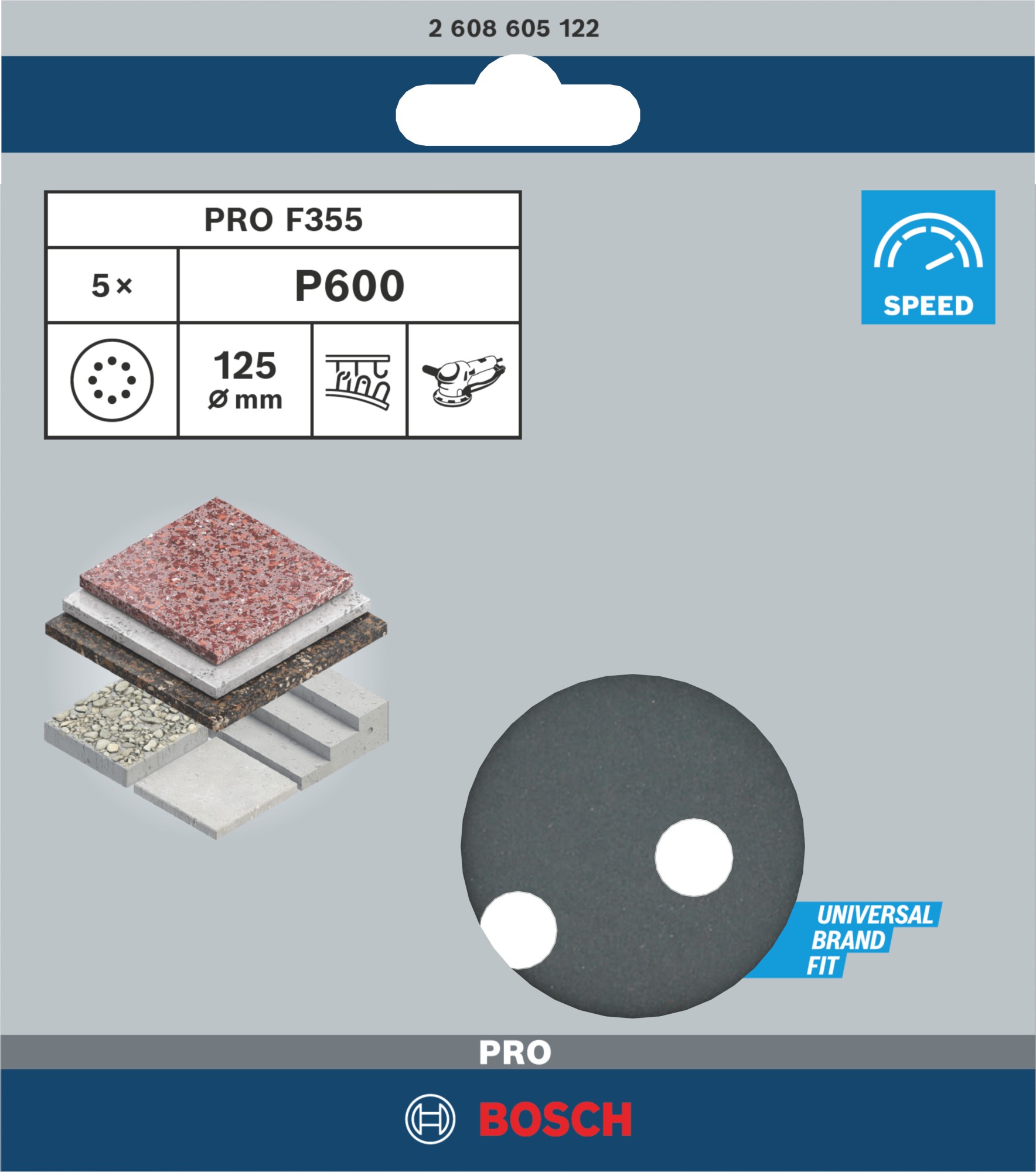 Disco de lija PRO F355, 125 mm, G600, 5 unidades