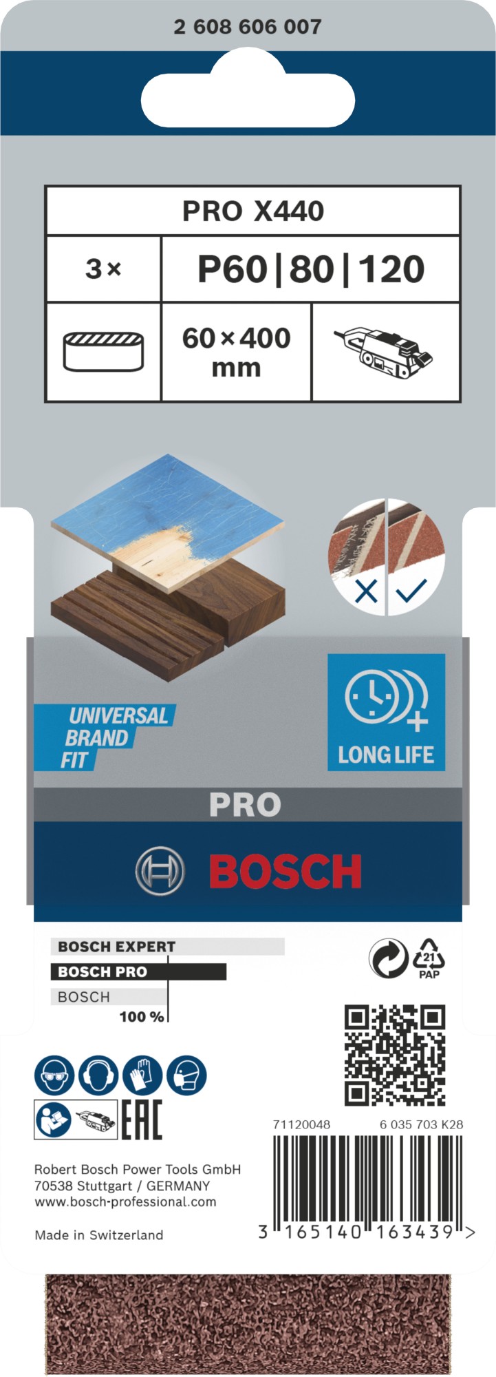 Banda de lija PRO X440, 60 x 400 mm, G60, G80, G100, 3 unidades