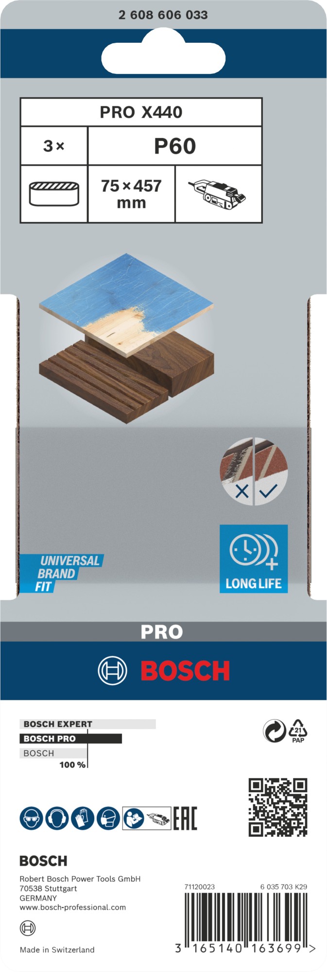 Banda de lija PRO X440, 75 x 457 mm, G60, 3 unidades