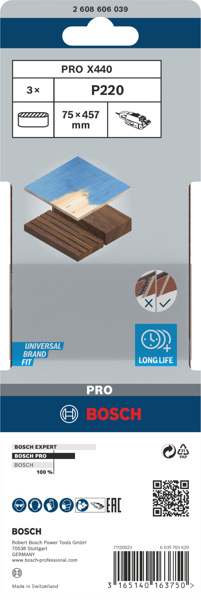 Banda de lija PRO X440, 75 x 457 mm, G220, 3 unidades