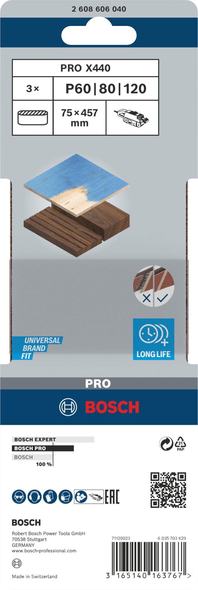 Banda de lija PRO X440, 75 x 457 mm, G60, G80, G100, 3 unidades