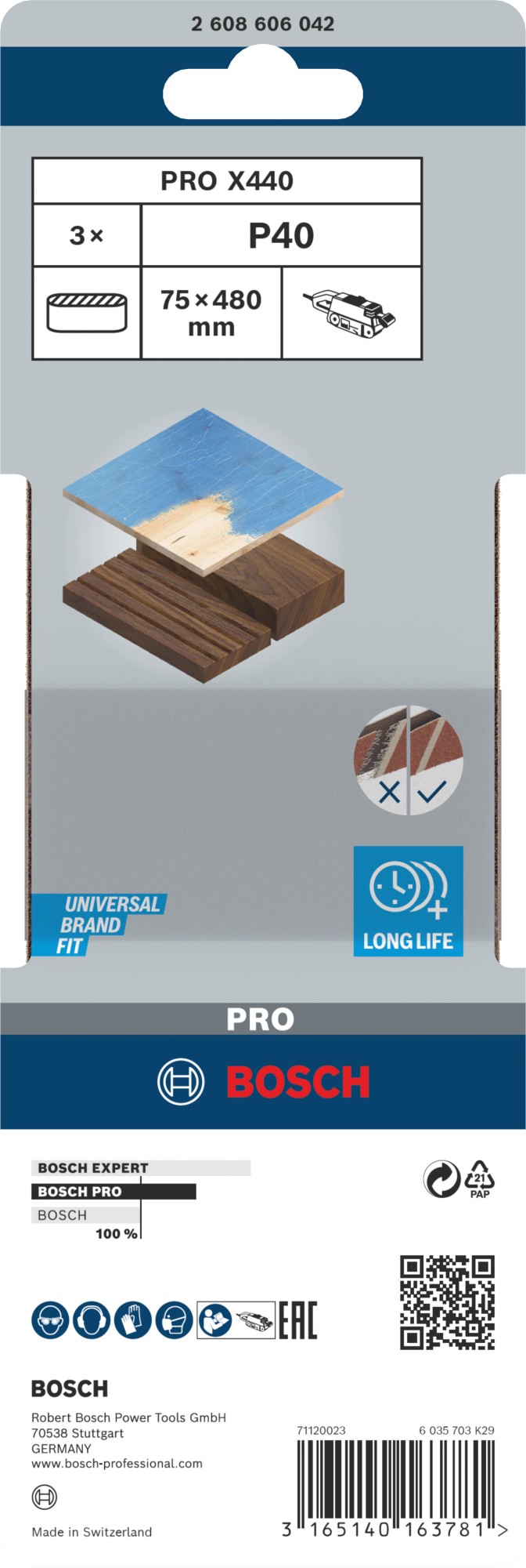 Banda de lija PRO X440, 75 x 480 mm, G40, 3 unidades