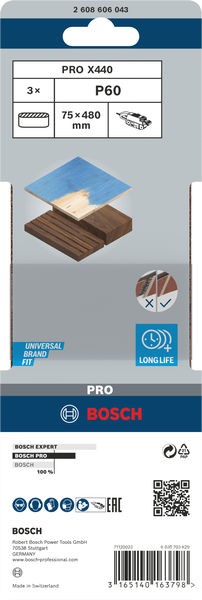 Banda de lija PRO X440, 75 x 480 mm, G60, 3 unidades