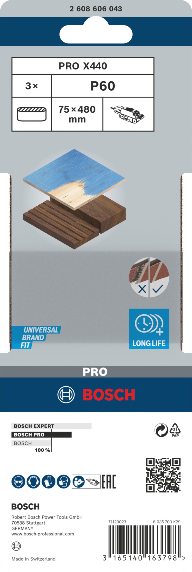 Banda de lija PRO X440, 75 x 480 mm, G60, 3 unidades