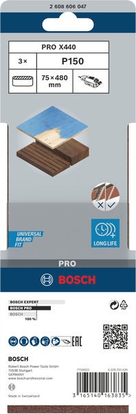 Banda de lija PRO X440, 75 x 480 mm, G150, 3 unidades