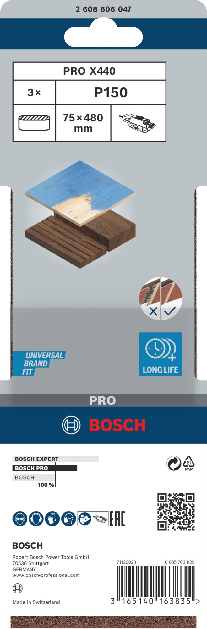 Banda de lija PRO X440, 75 x 480 mm, G150, 3 unidades