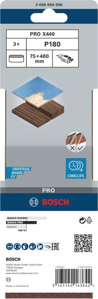 Banda de lija PRO X440, 75 x 480 mm, G180, 3 unidades
