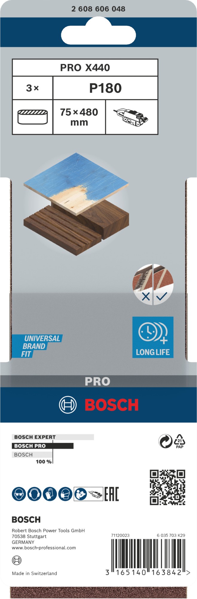 Banda de lija PRO X440, 75 x 480 mm, G180, 3 unidades