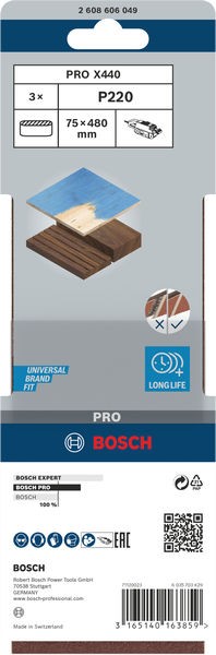 Banda de lija PRO X440, 75 x 480 mm, G220, 3 unidades