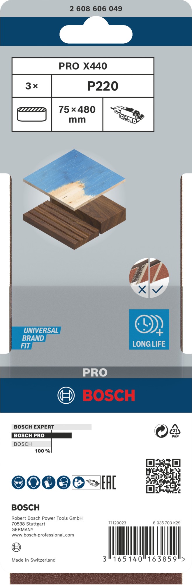 Banda de lija PRO X440, 75 x 480 mm, G220, 3 unidades