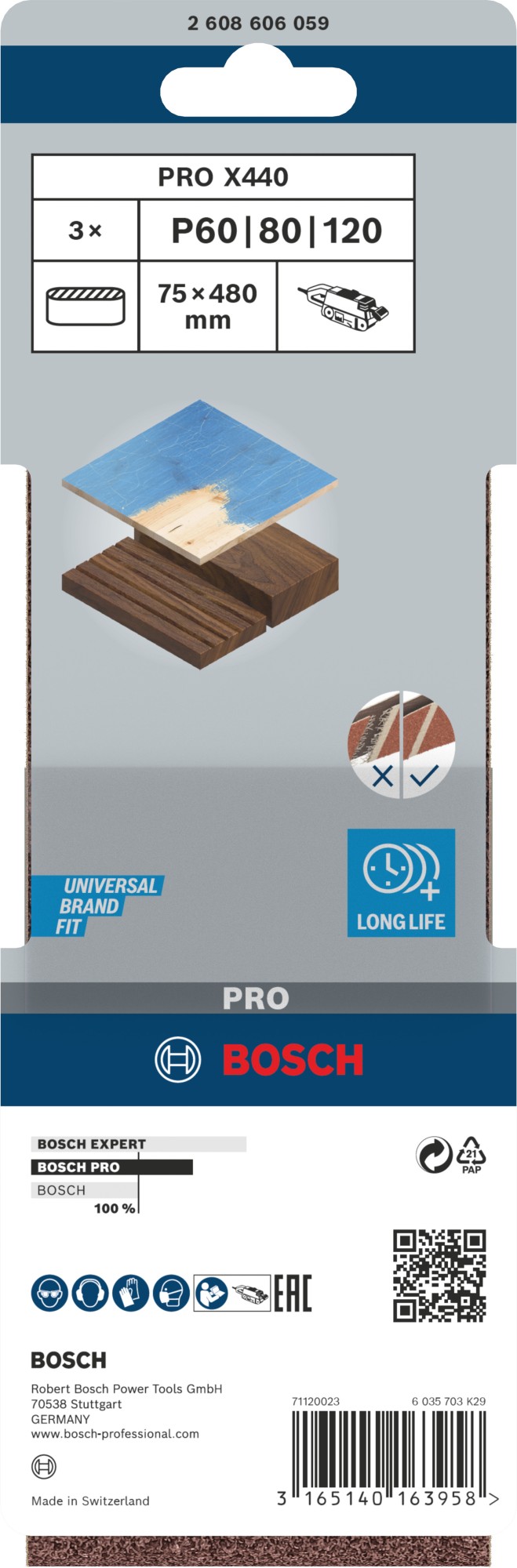 Banda de lija PRO X440, 75 x 480 mm, G60, G80, G100, 3 unidades