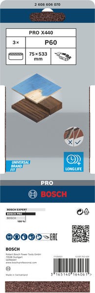 Banda de lija PRO X440, 75 x 533 mm, G60, 3 unidades