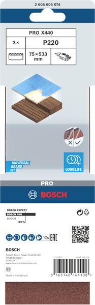 Banda de lija PRO X440, 75 x 533 mm, G220, 3 unidades