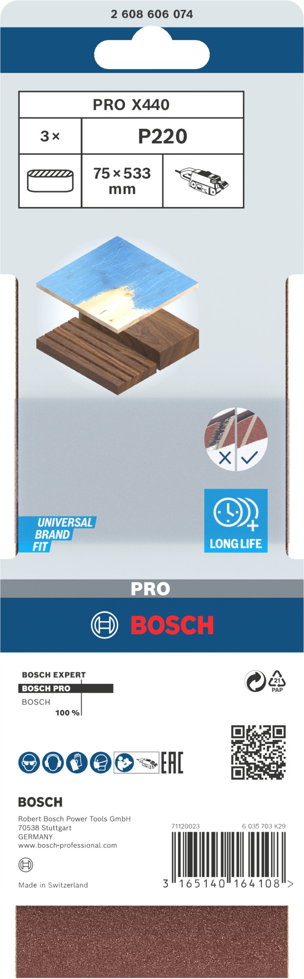 Banda de lija PRO X440, 75 x 533 mm, G220, 3 unidades