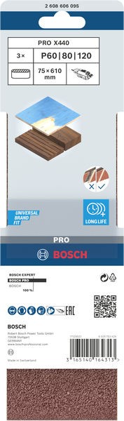 Banda de lija PRO X440, 75 x 610 mm, G60, G80, G100, 3 unidades