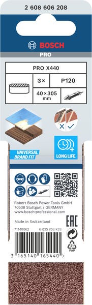 Banda de lija PRO X440, 40 x 305 mm, G120, 3 unidades