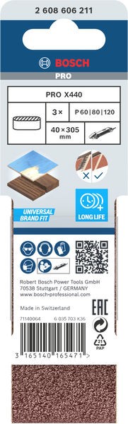 Banda de lija PRO X440, 40 x 305 mm, G60, G80, G120, 3 unidades