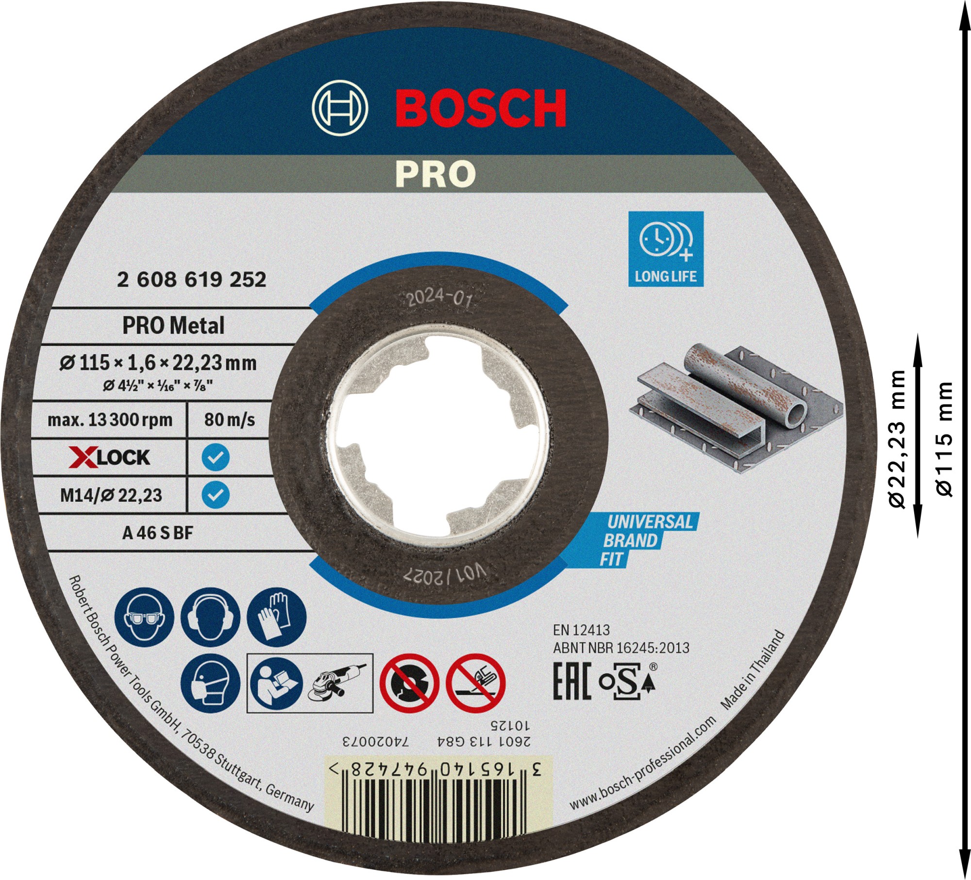 Disco de corte abrasivo PRO Metal, 115 x 1,6 x 22,23 mm, X-Lock