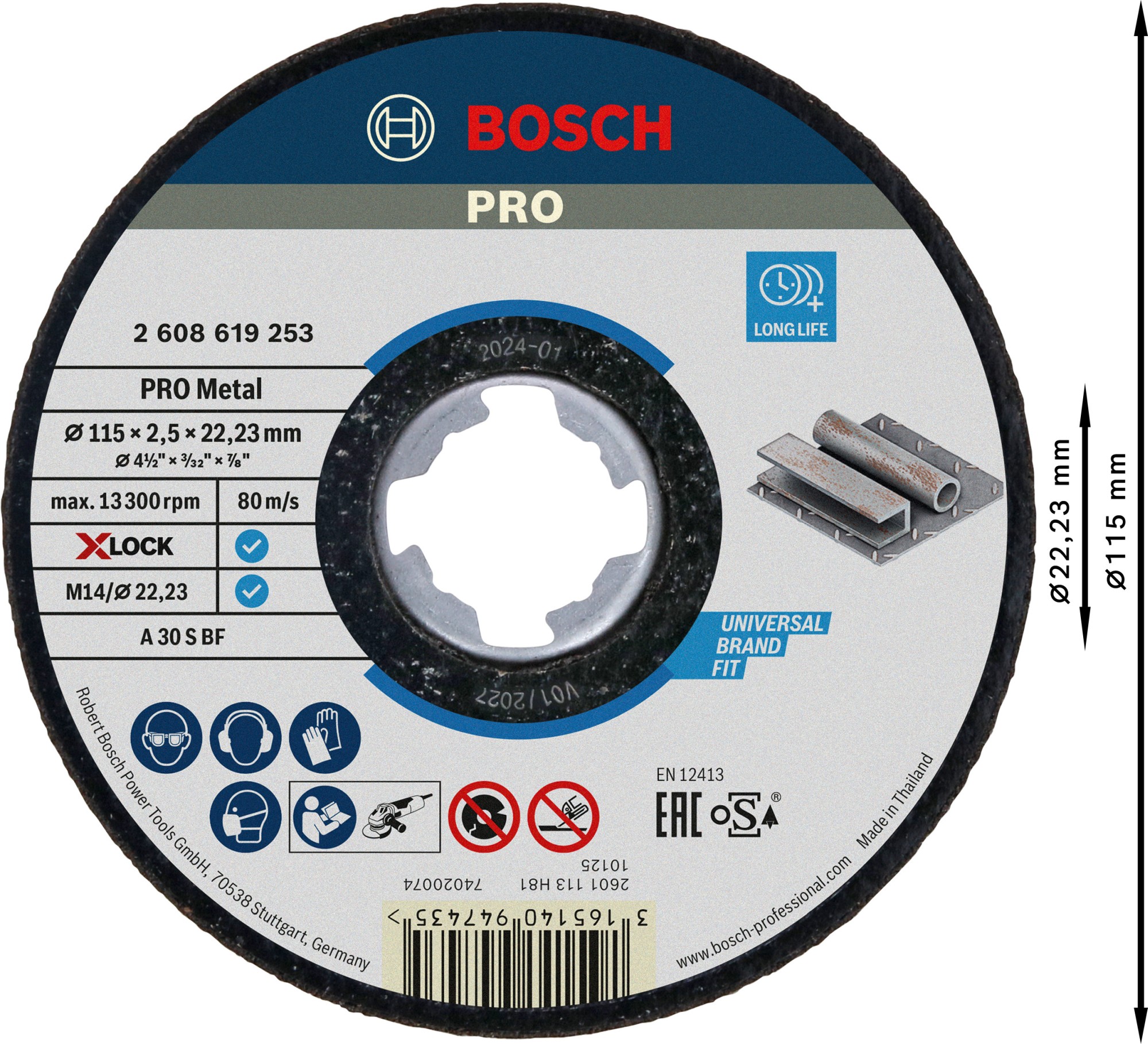 Disco de corte abrasivo PRO Metal, 115 x 2,5 x 22,23 mm, X-Lock, recto