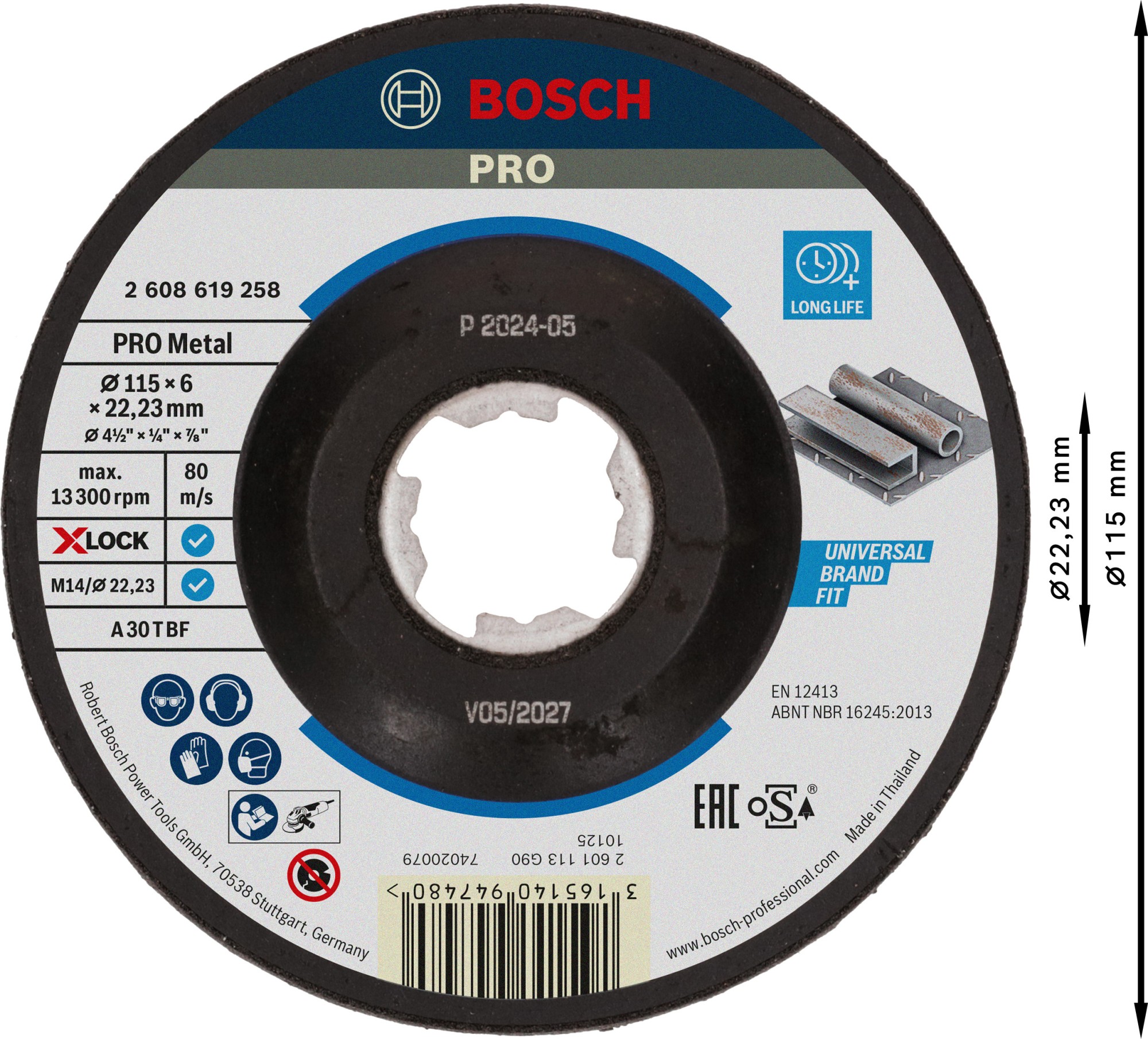 Disco de desbaste abrasivo PRO Metal, 115 x 6 x 22,23 mm, X-Lock