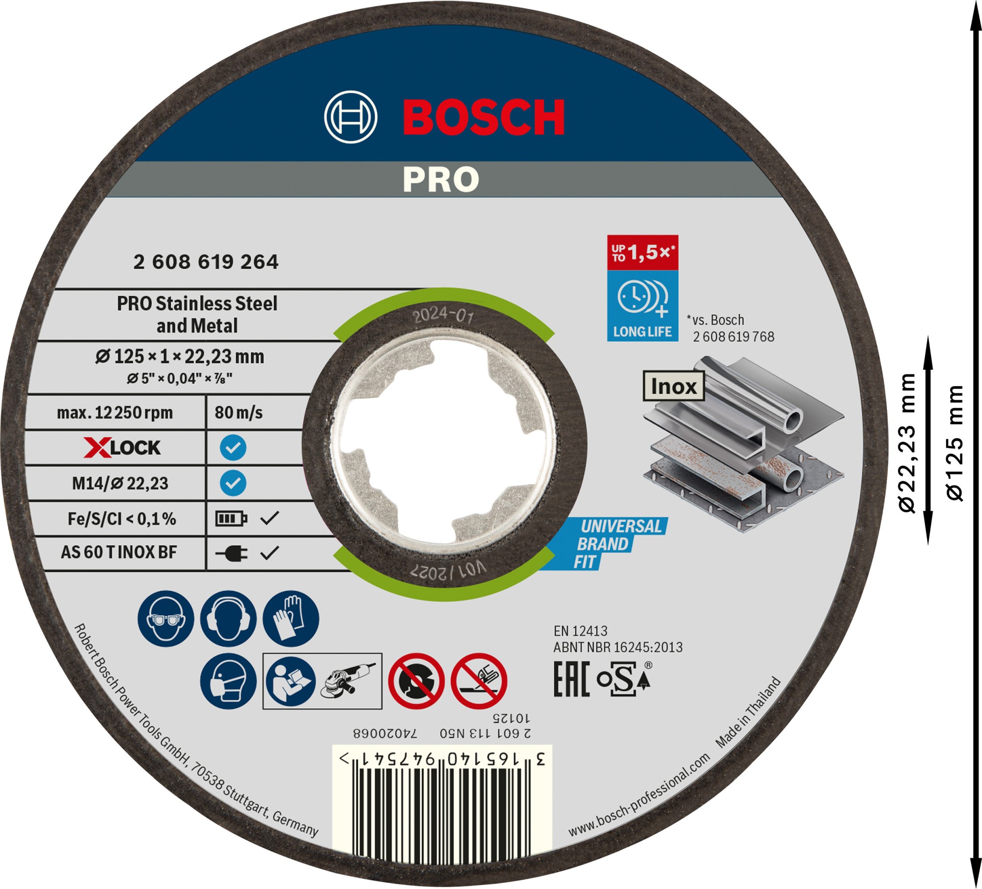 Disco de corte abrasivo PRO Stainless Steel and Metal, 125 x 1 x 22,23 mm, X-Lock, recto, oSa