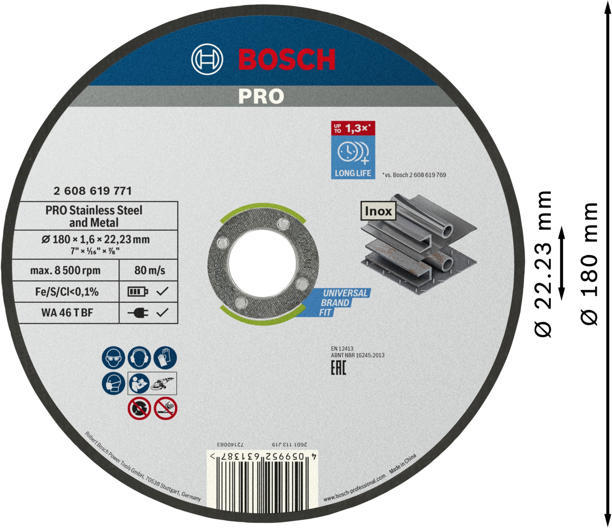 Disco de corte abrasivo PRO Stainless Steel and Metal, 180 x 1,6 x 22,23 mm, recto