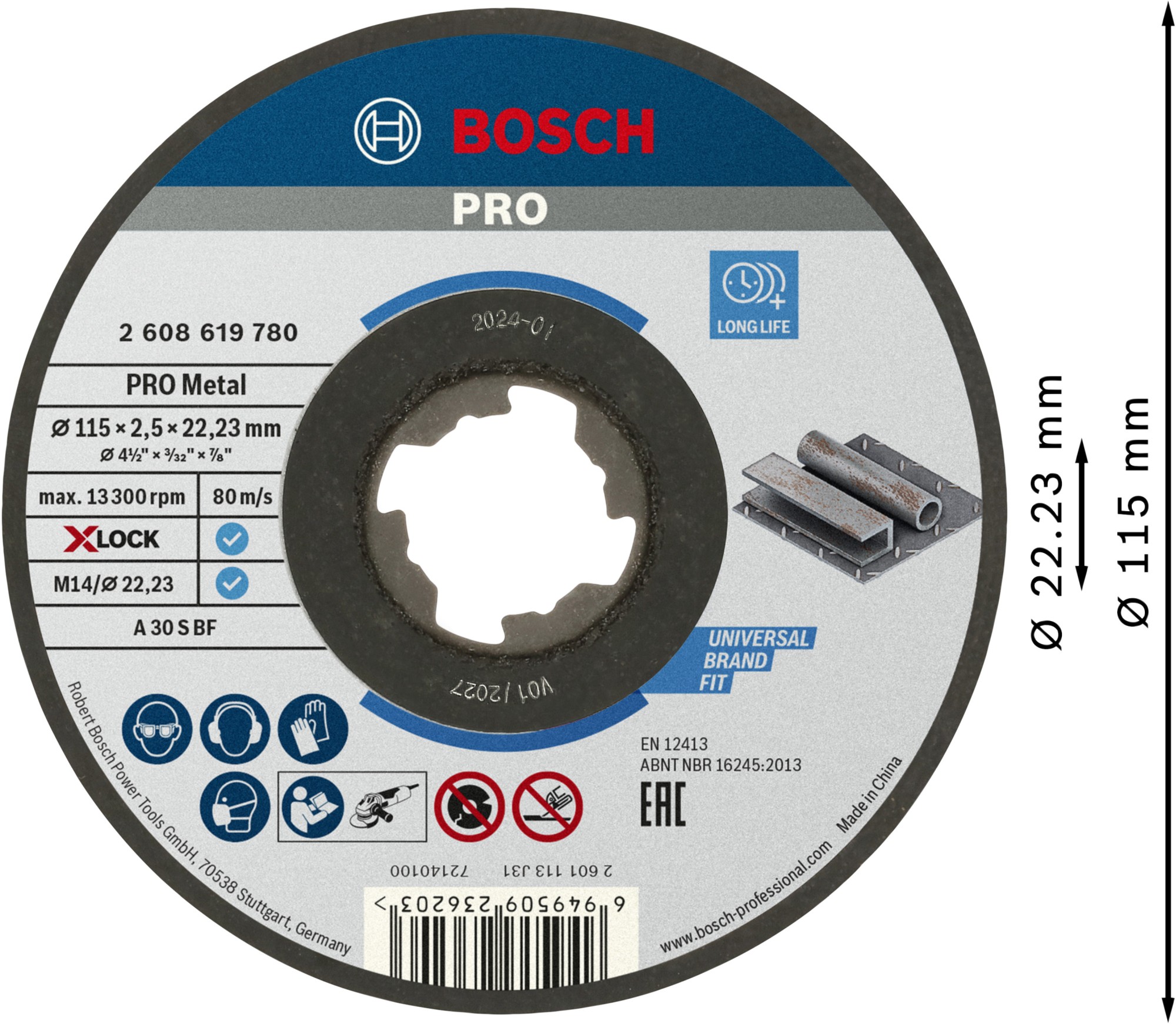 Disco de corte abrasivo PRO Metal, 115 x 2,5 x 22,23 mm, X-Lock, recto