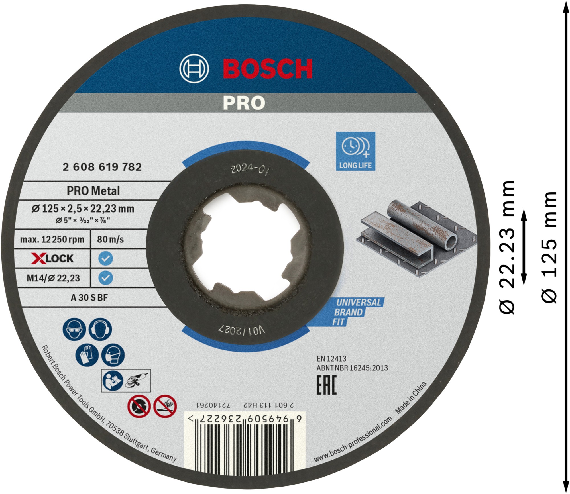 Disco de corte abrasivo PRO Metal, 125 x 2,5 x 22,23 mm, X-Lock, recto