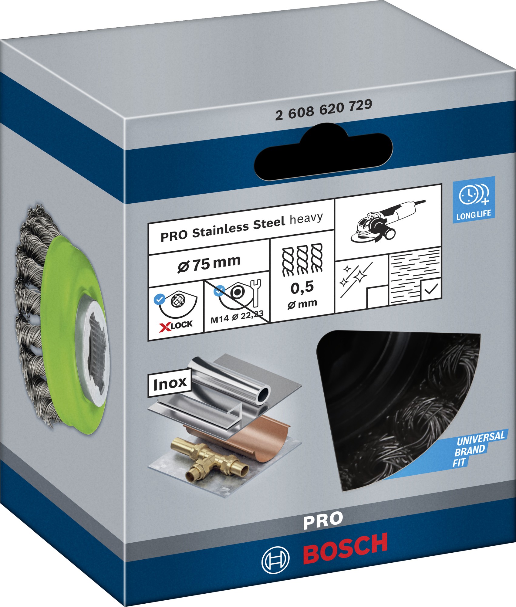 Cepillo de vaso PRO Stainless Steel heavy X-Lock, 75 x 0,5 mm