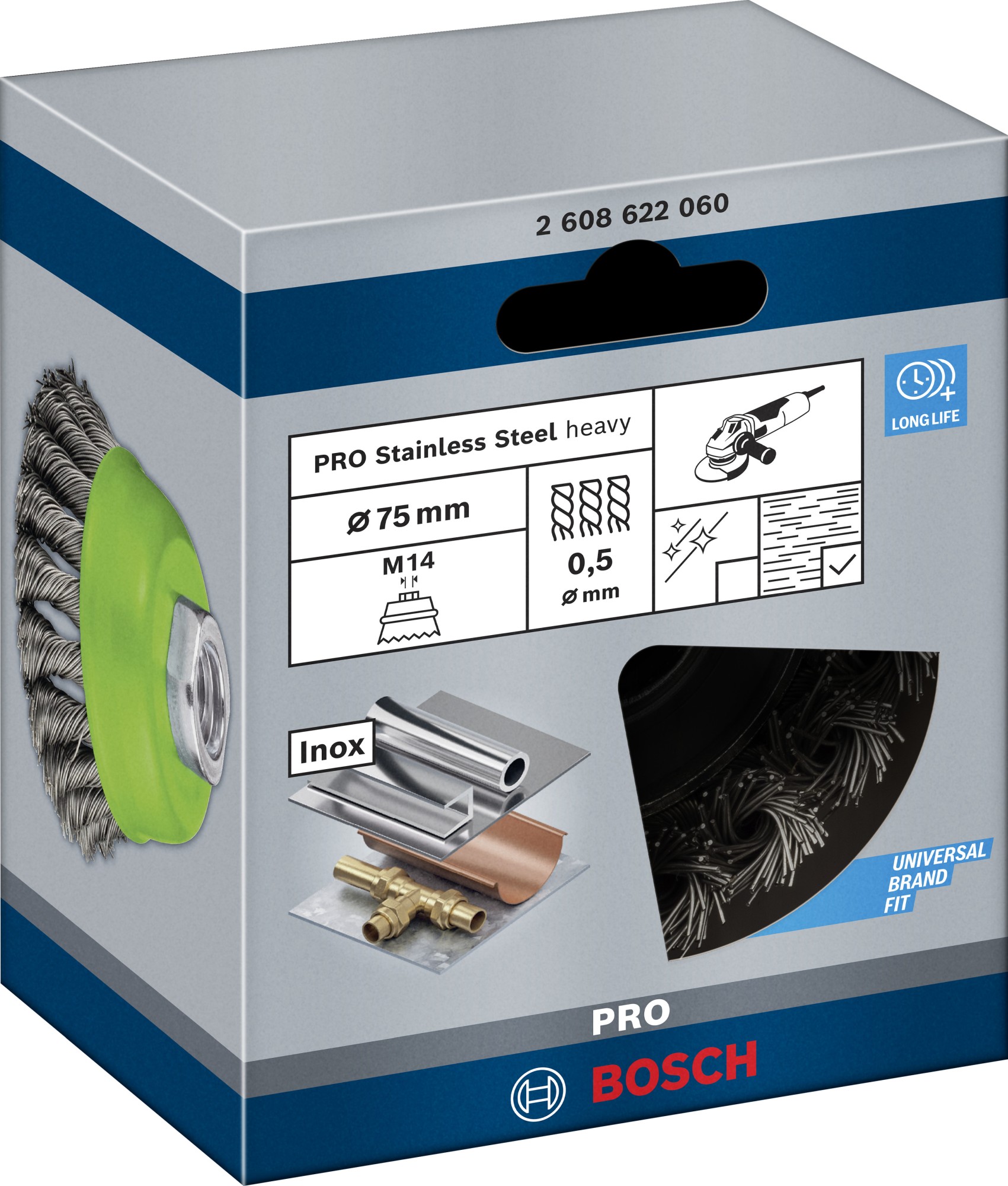 Cepillo de vaso PRO Stainless Steel heavy, 75 x 0,5 mm, rosca