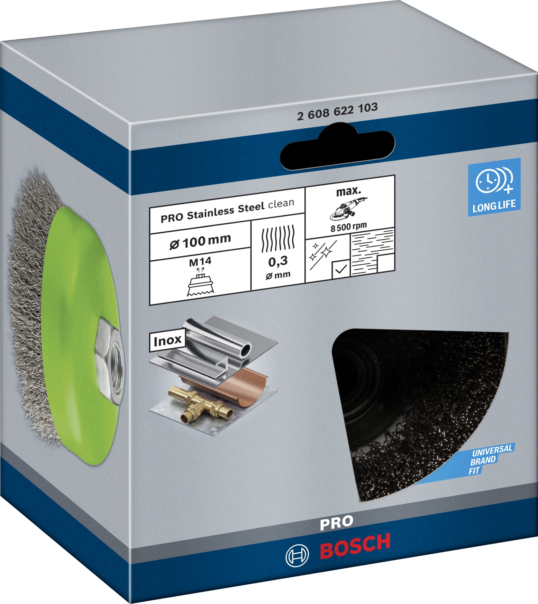 Cepillo de vaso PRO Stainless Steel clean, 100 x 0,3 mm, rosca