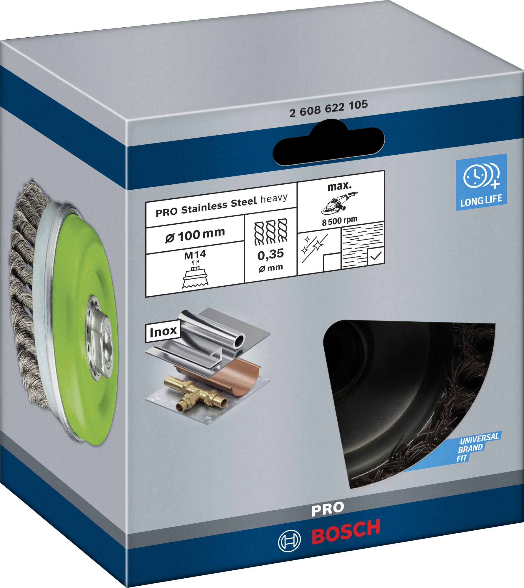 Cepillo de vaso PRO Stainless Steel heavy, 100 x 0,35 mm, rosca