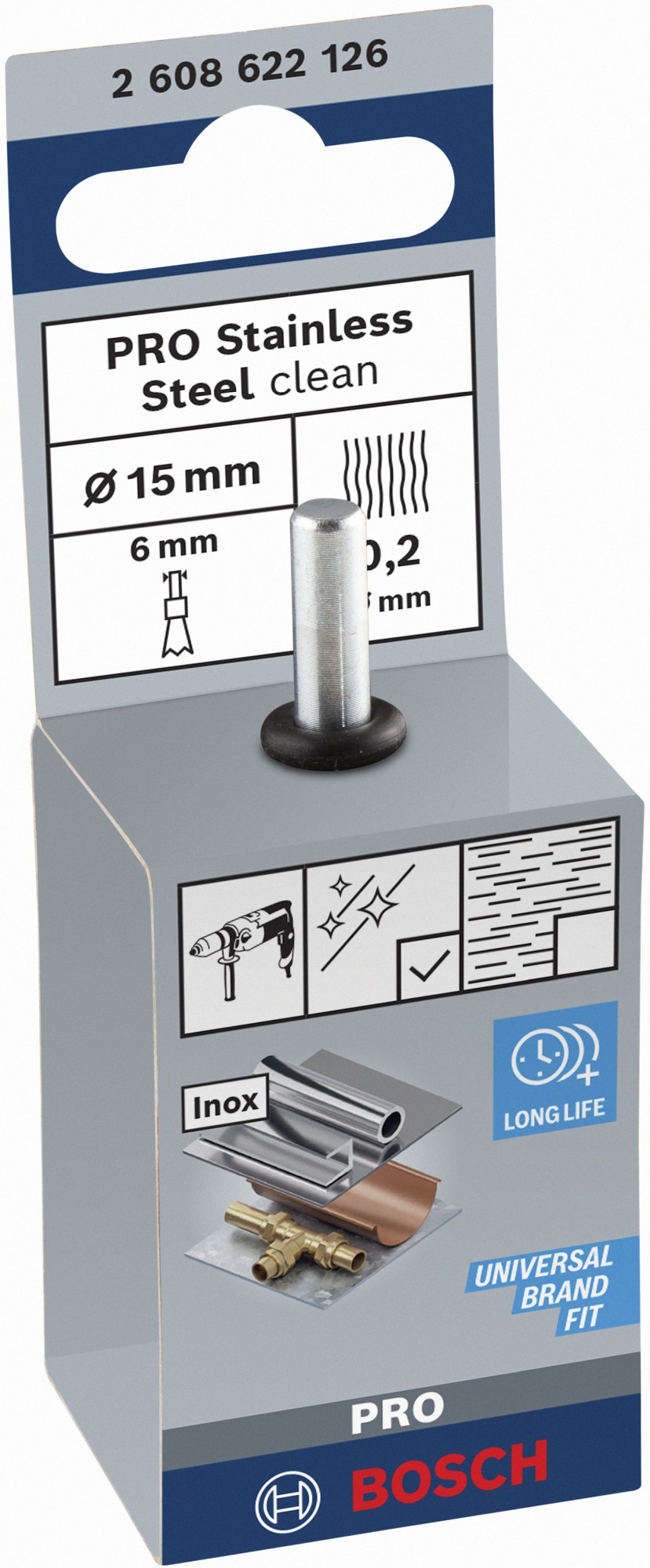 Cepillo de acabado PRO Stainless Steel clean, vástago de inserción recto, 15 x 0,2 mm