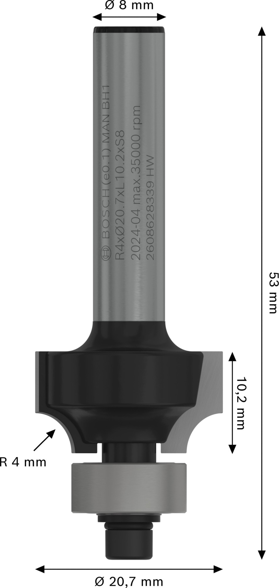 Broca fresadora para redondeo PRO, R 4, vástago de 8 mm