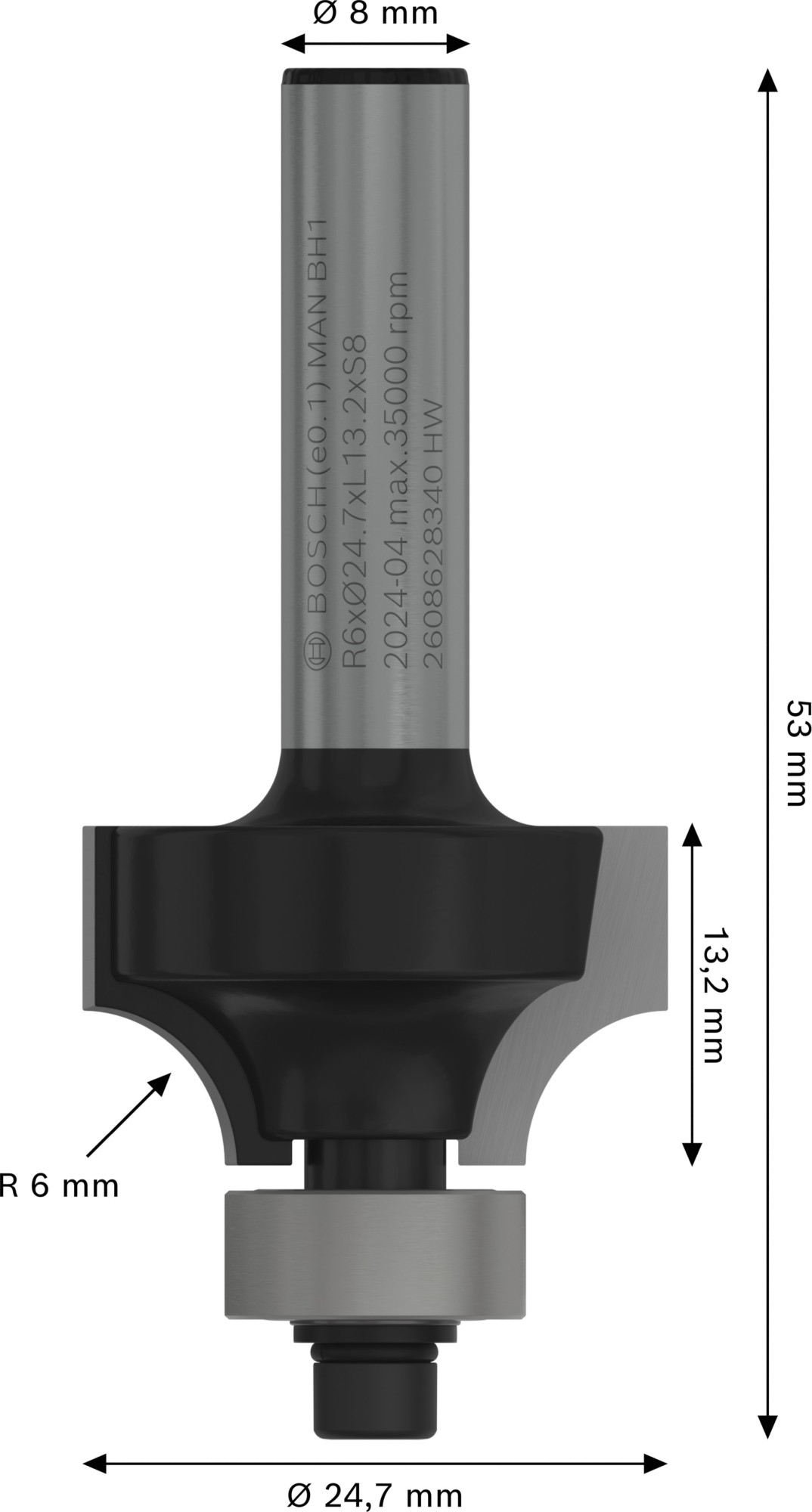 Broca fresadora para redondeo PRO, R 6, vástago de 8 mm