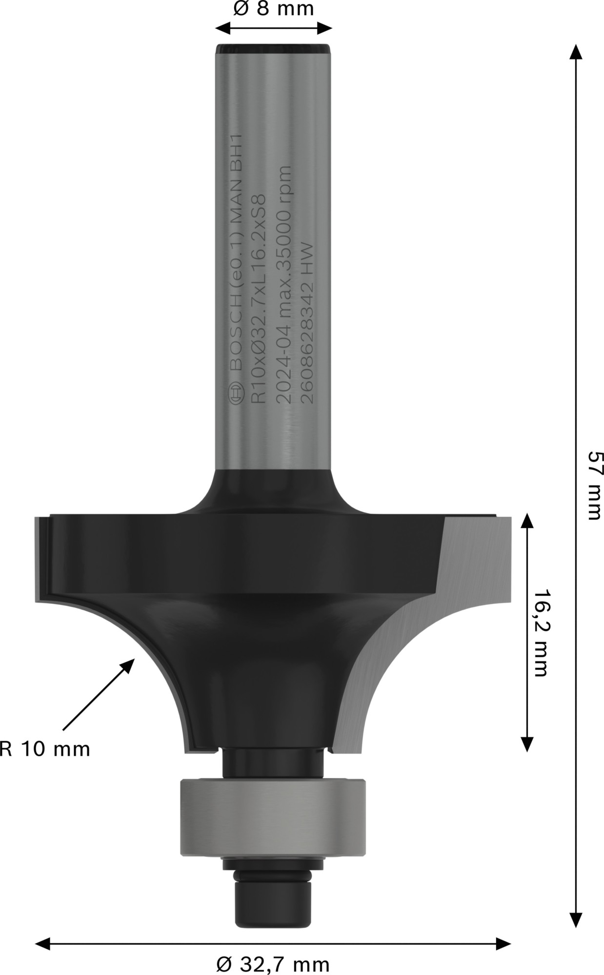 Broca fresadora para redondeo PRO, R 10, vástago de 8 mm