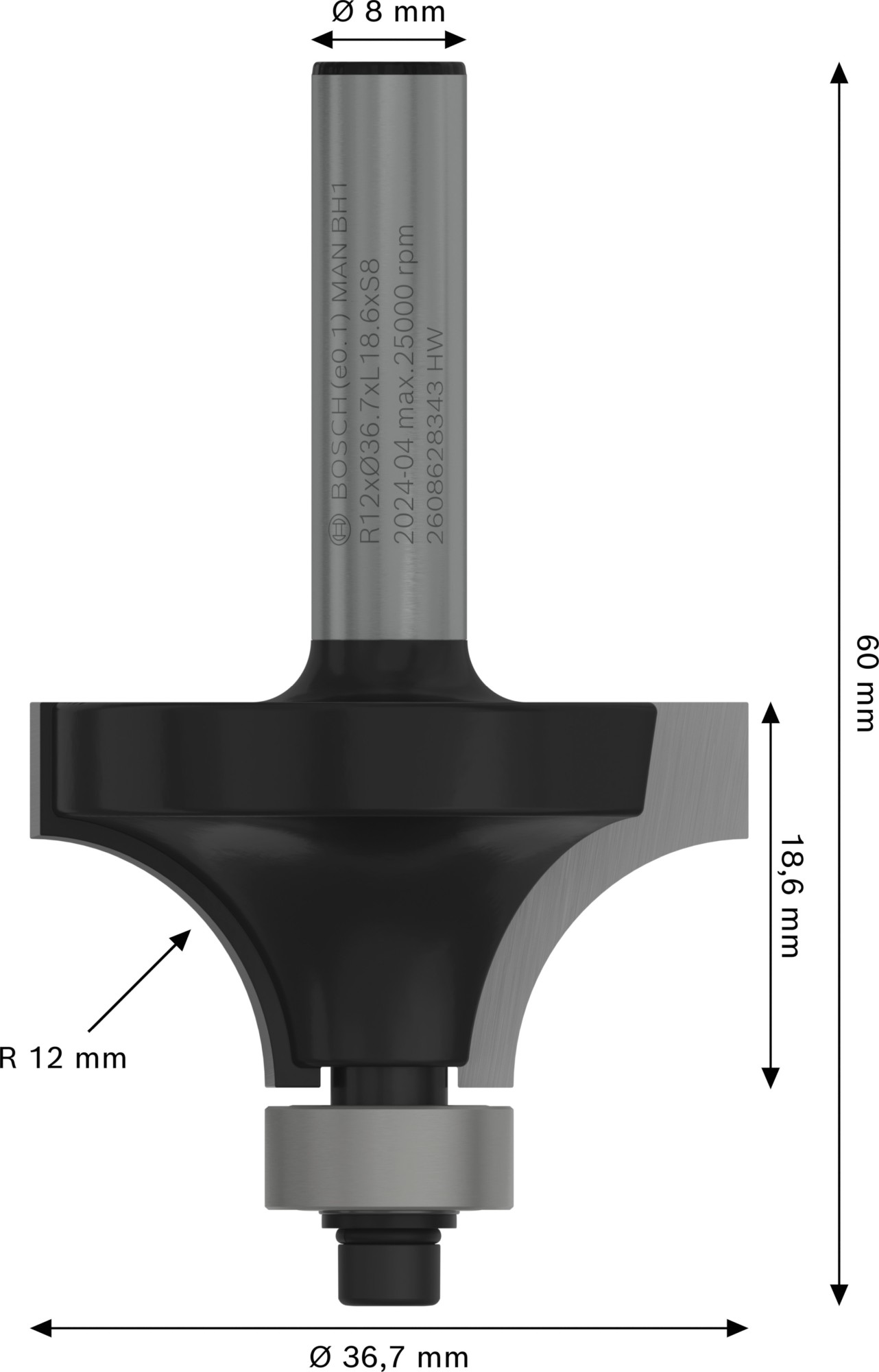 Broca fresadora para redondeo PRO, R 12, vástago de 8 mm