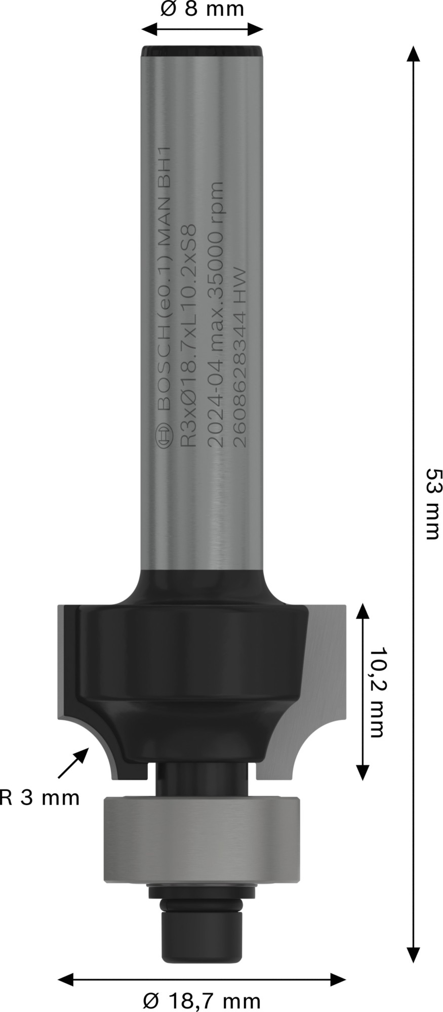 Broca fresadora para redondeo PRO, R 3, vástago de 8 mm