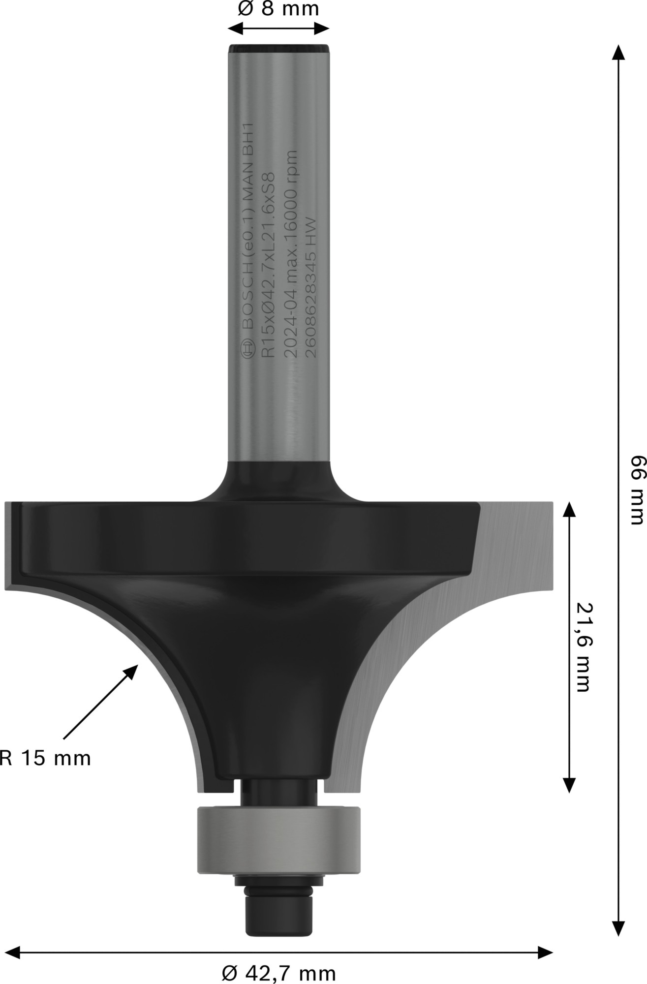 Broca fresadora para redondeo PRO, R 15, vástago de 8 mm