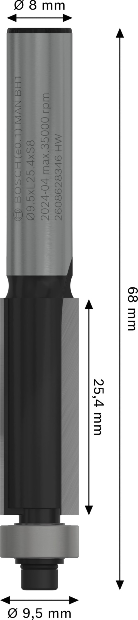 Broca fresadora de recorte al ras PRO con cojinete inferior, Ø 9,5 x L 25,4, vástago de 8 mm
