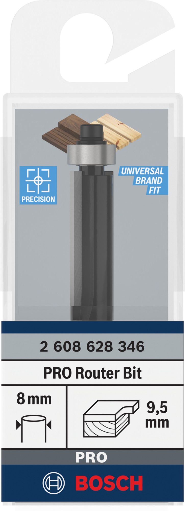 Broca fresadora de recorte al ras PRO con cojinete inferior, Ø 9,5 x L 25,4, vástago de 8 mm