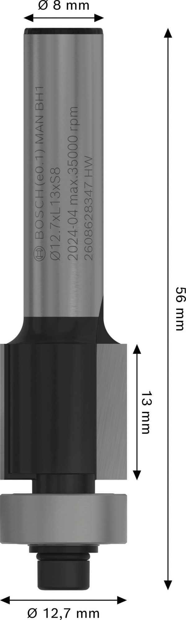 Broca fresadora de recorte al ras PRO con cojinete inferior, Ø 12,7 x L 13, vástago de 8 mm