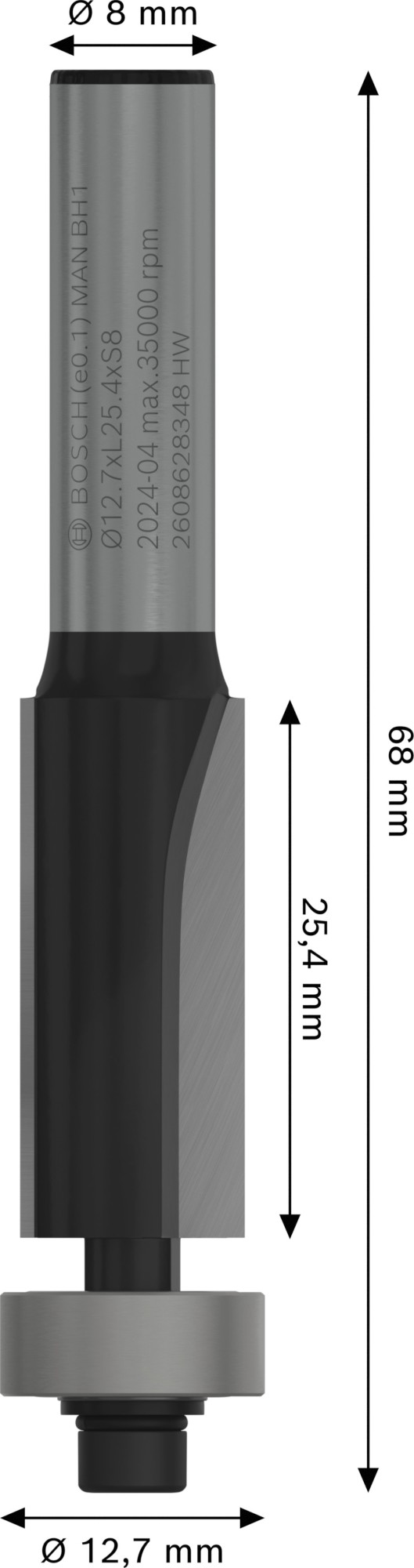 Broca fresadora de recorte al ras PRO con cojinete inferior, Ø 12,7 x L 25,4, vástago de 8 mm