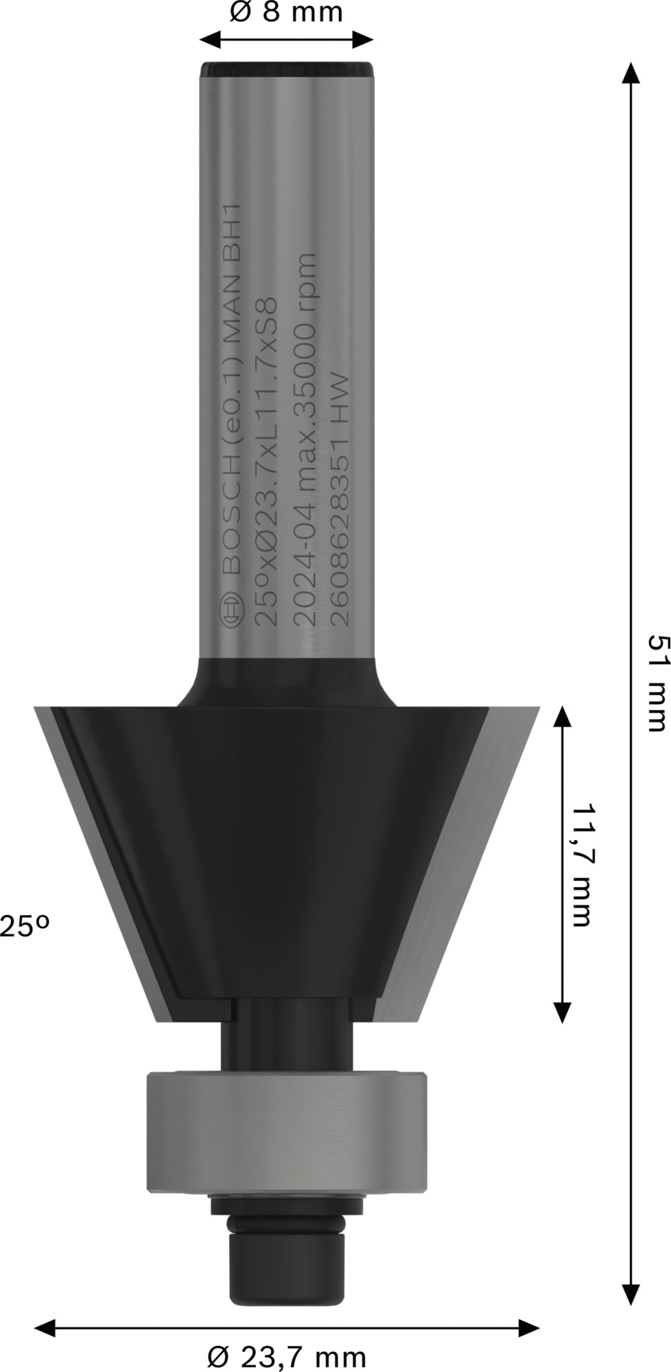 Broca fresadora para biseles PRO, 25°, vástago de 8 mm