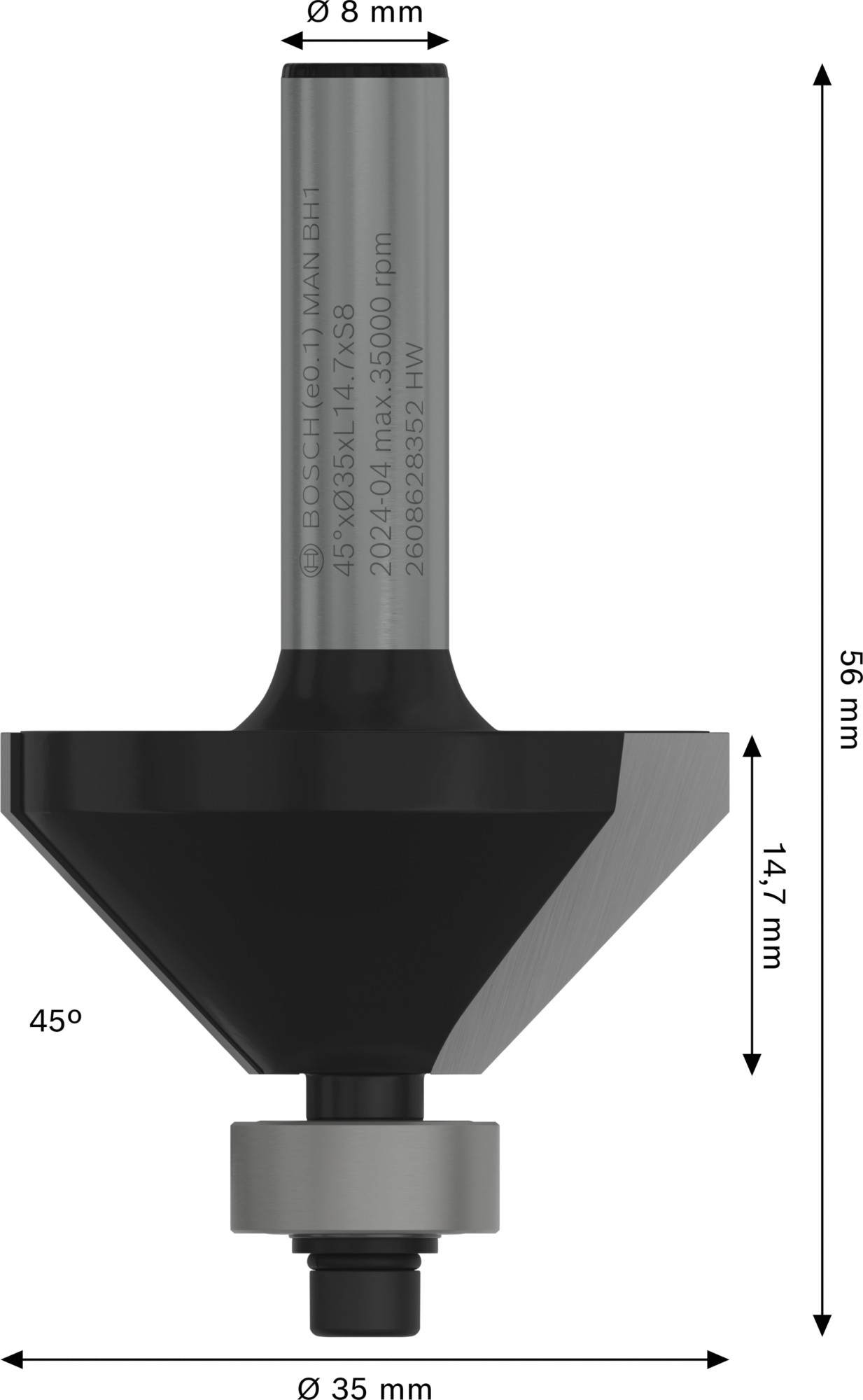 Broca fresadora para biseles PRO, 45°, vástago de 8 mm