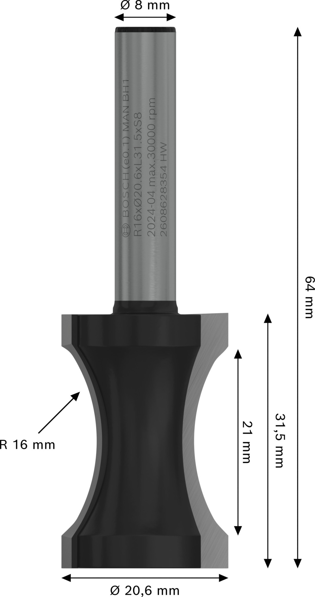Broca fresadora para molduras PRO, R 16, vástago de 8 mm