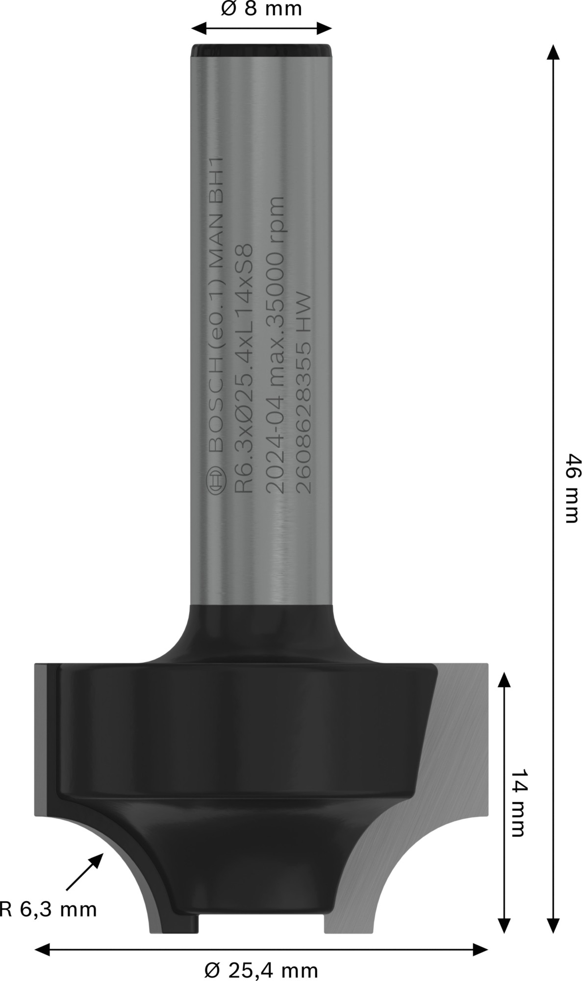 Broca fresadora PRO para óvolos, R 6,3, vástago de 8 mm