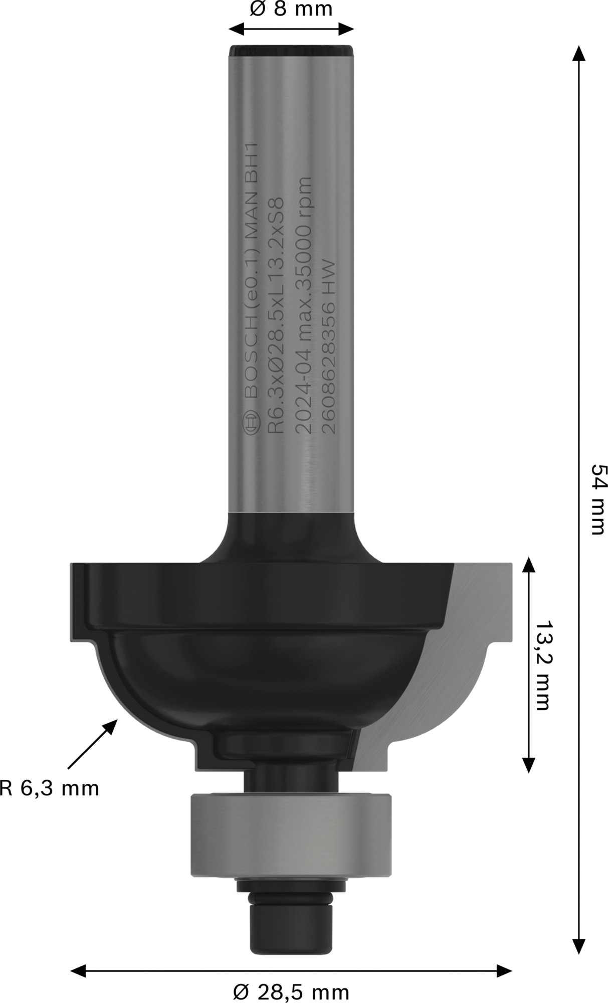 Broca fresadora PRO para moldura cóncava clásica, R 6,3, vástago de 8 mm